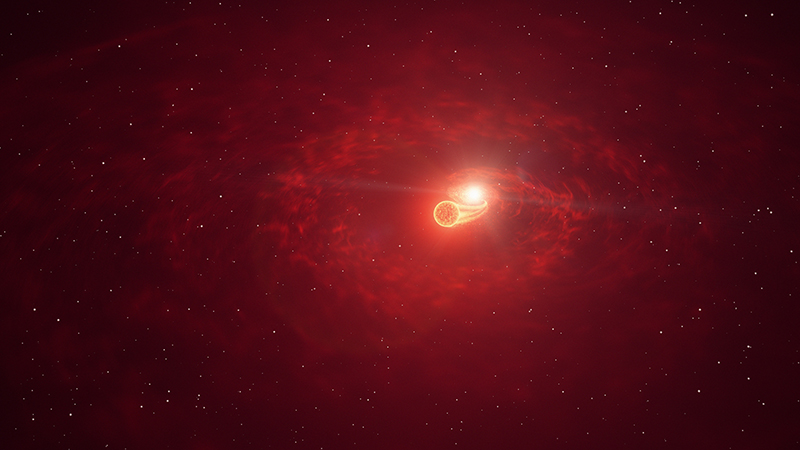 Vue d'artiste du système stellaire binaire RS Ophiuchi, composé d'une naine blanche (en arrière-plan) et d'une géante rouge. Elles orbitent l'une autour de l'autre et la matière de la géante rouge est continuellement absorbée par la naine blanche. © DESY/H.E.S.S., Science Communication Lab