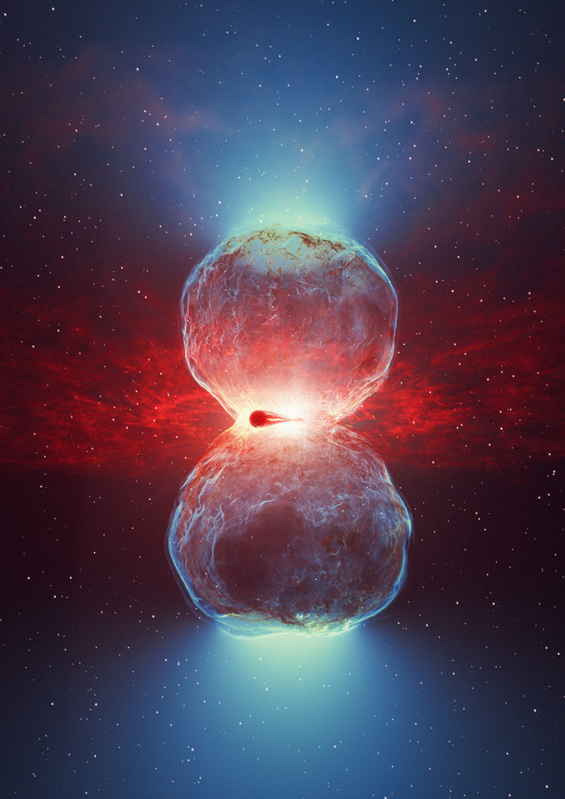 Vue d'artiste du système binaire naine blanche et géante rouge après l'explosion de la nova. La matière éjectée de la surface de la naine blanche génère des ondes de choc qui s'étendent rapidement, formant une forme de sablier. Les particules sont accélérées au niveau de ces fronts de choc, qui entrent en collision avec le vent dense de l'étoile géante rouge et produisen des photons gamma de très haute énergie. © DESY/H.E.S.S., Science Communication Lab