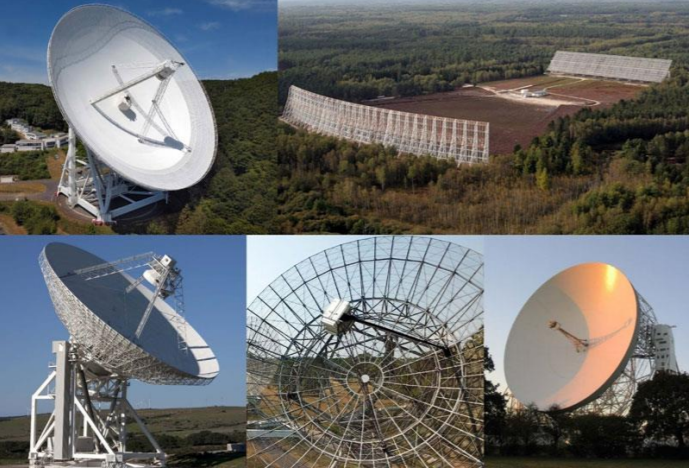 Légende : Les cinq principaux radiotélescopes européens. De gauche en haut à droite en bas : radiotélescope d'Effelsberg (Allemagne), radiotélescope de Nancay (France), radiotélescope de Sardaigne (Italie), radiotélescope de synthèse de Westerbork (PaysBas) et télescope Lovell, Royaume-Uni. Crédit : Norbert Tacken/MPIfR (Effelsberg), Letourneur / Observatoire de Paris – PSL (Nançay), Anthony Holloway (Jodrell Bank), ASTRON (WSRT), Gianni Alvito/INAF (SRT).