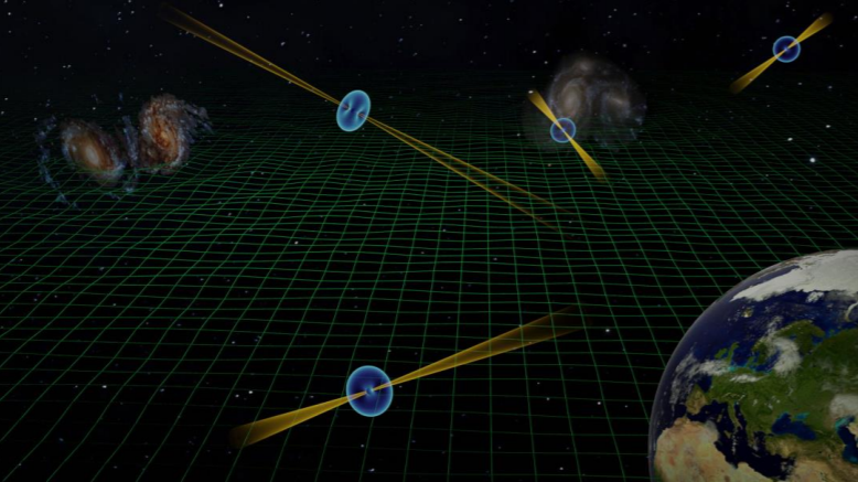 Légende : Vue d’artiste de l'expérience EPTA. Observations d’un ensemble de pulsars répartis dans la Galaxie. Mesurée sur Terre, la variation du temps d'arrivée de leurs impulsions radio permet aux astronomes d'étudier de minuscules variations dans l'espace-temps. Appelées "ondes gravitationnelles", celles-ci se propagent dans l'Univers, issues d’un lointain passé alors que les galaxies fusionnaient entre elles avec en leur centre des couples de trous noirs supermassifs. Crédit : Michael Kramer/MPIfR